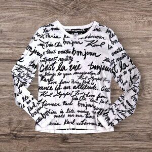 KARL LAGERFELD Paris Script Logo Sweater Black White French Graphic Chic Top S